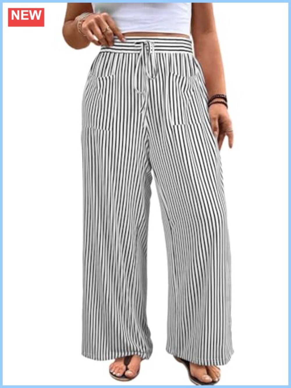 Plus Size Wide Leg Palazzo Pants High Waist Striped Lounge Trousers
